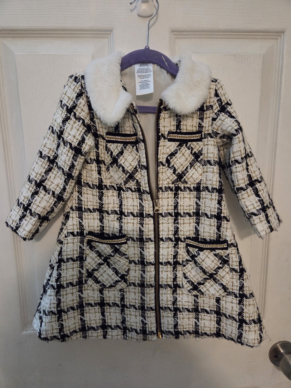 Blueberi Boulevard Cream and Black Plaid Faux-Fur Collar Pea Coat